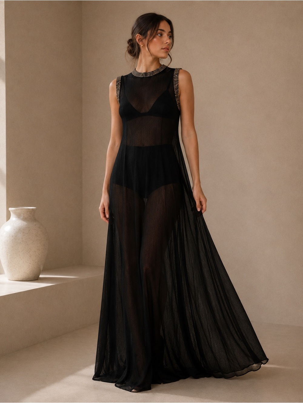 Christian Dior 2024 Embellished Sleeveless Sheer Maxi Dress Black Silk,‎ Size M